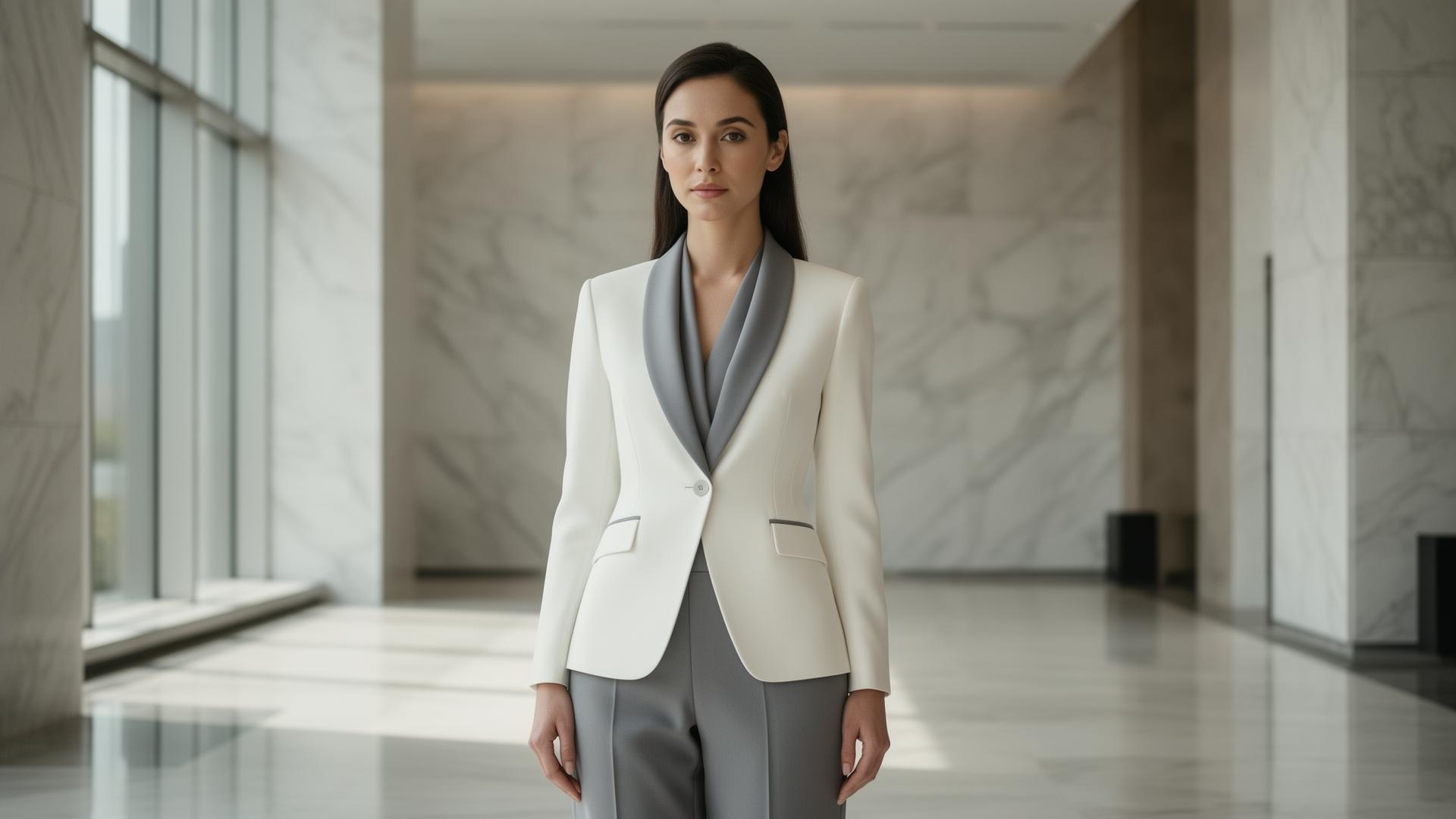 Mujer en uniforme corporativo elegante en lobby empresarial
